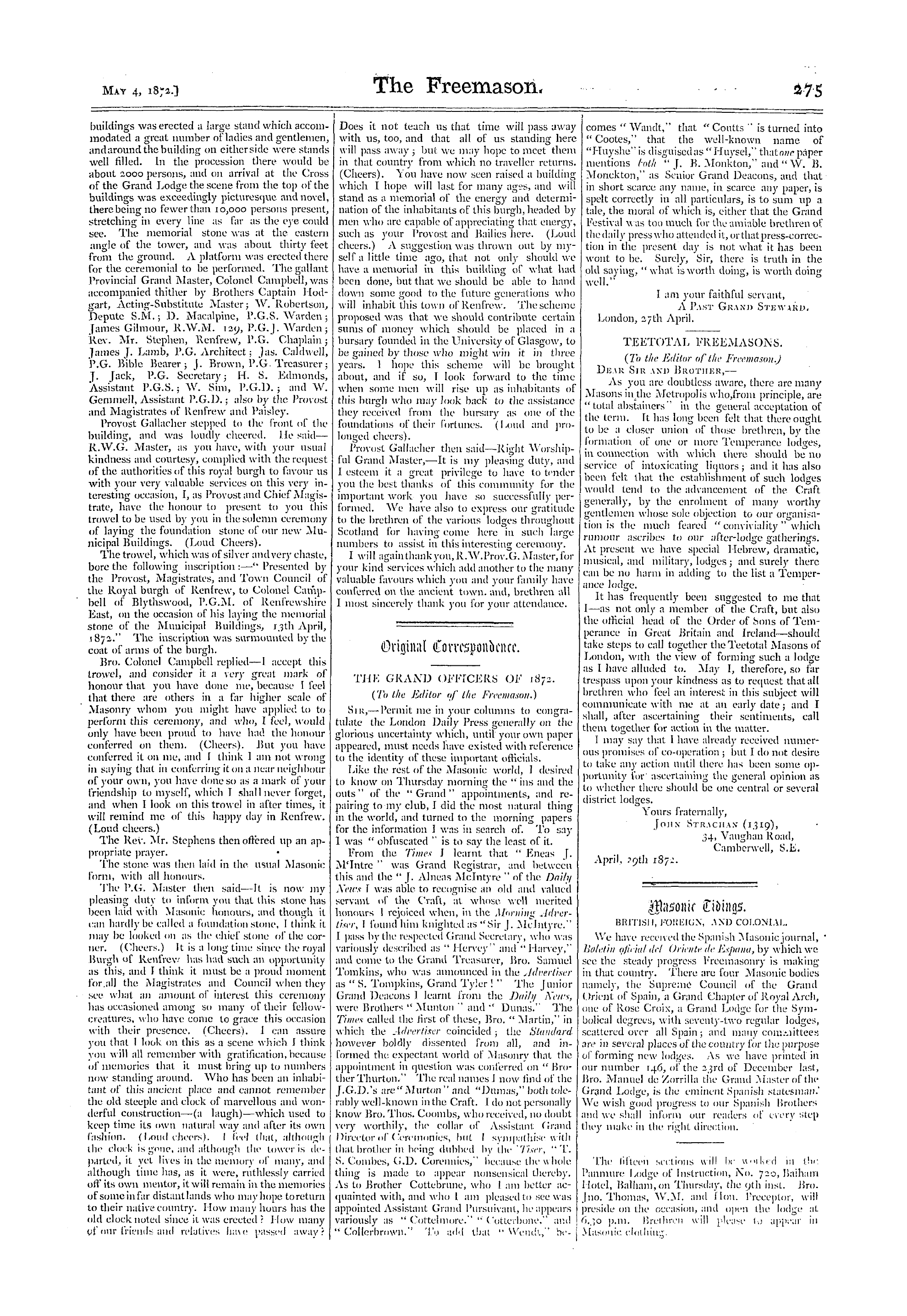 The Freemason: 1872-05-04 - Original Correspondence.