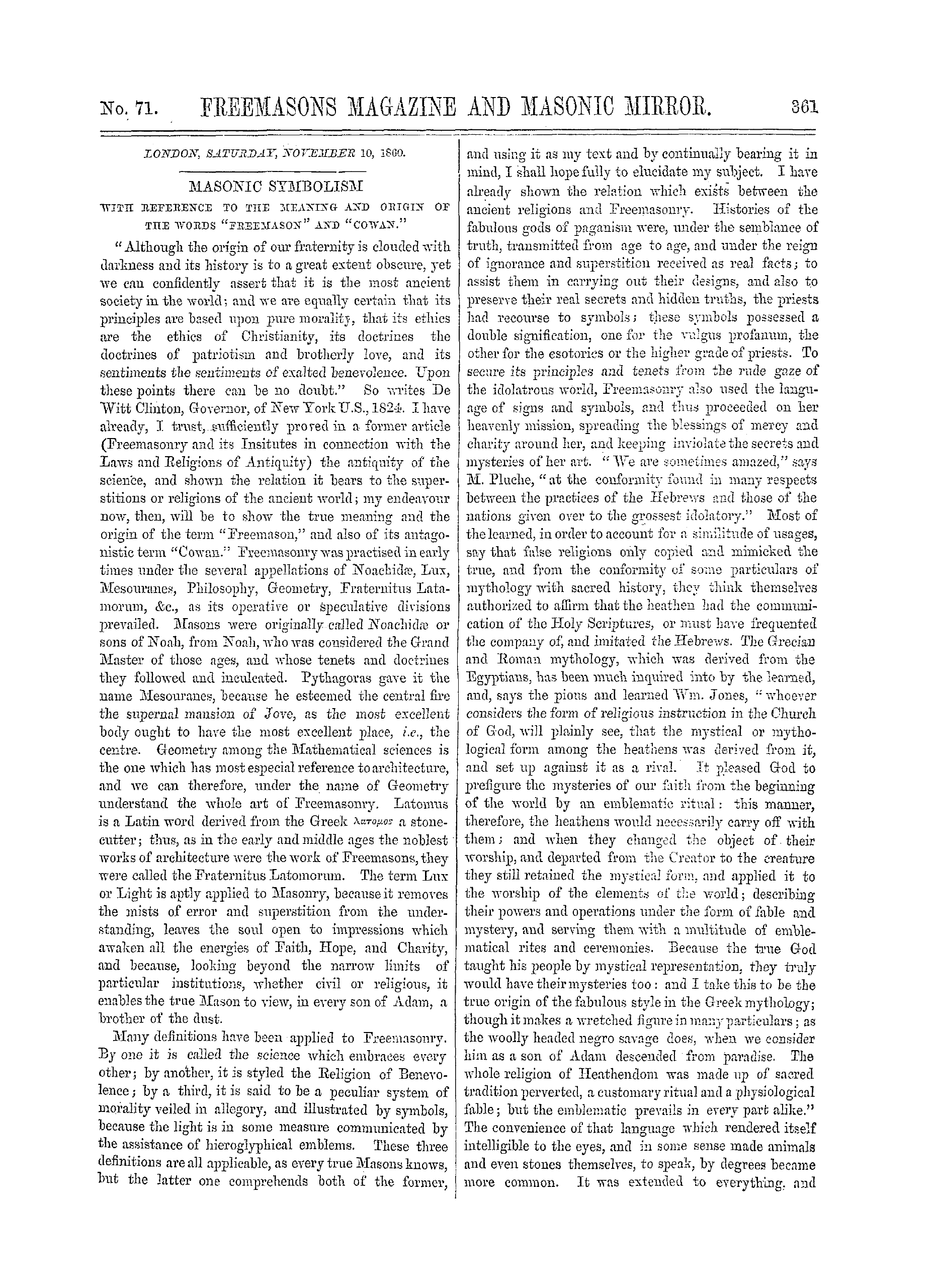 The Freemasons' Monthly Magazine: 1860-11-10: 1