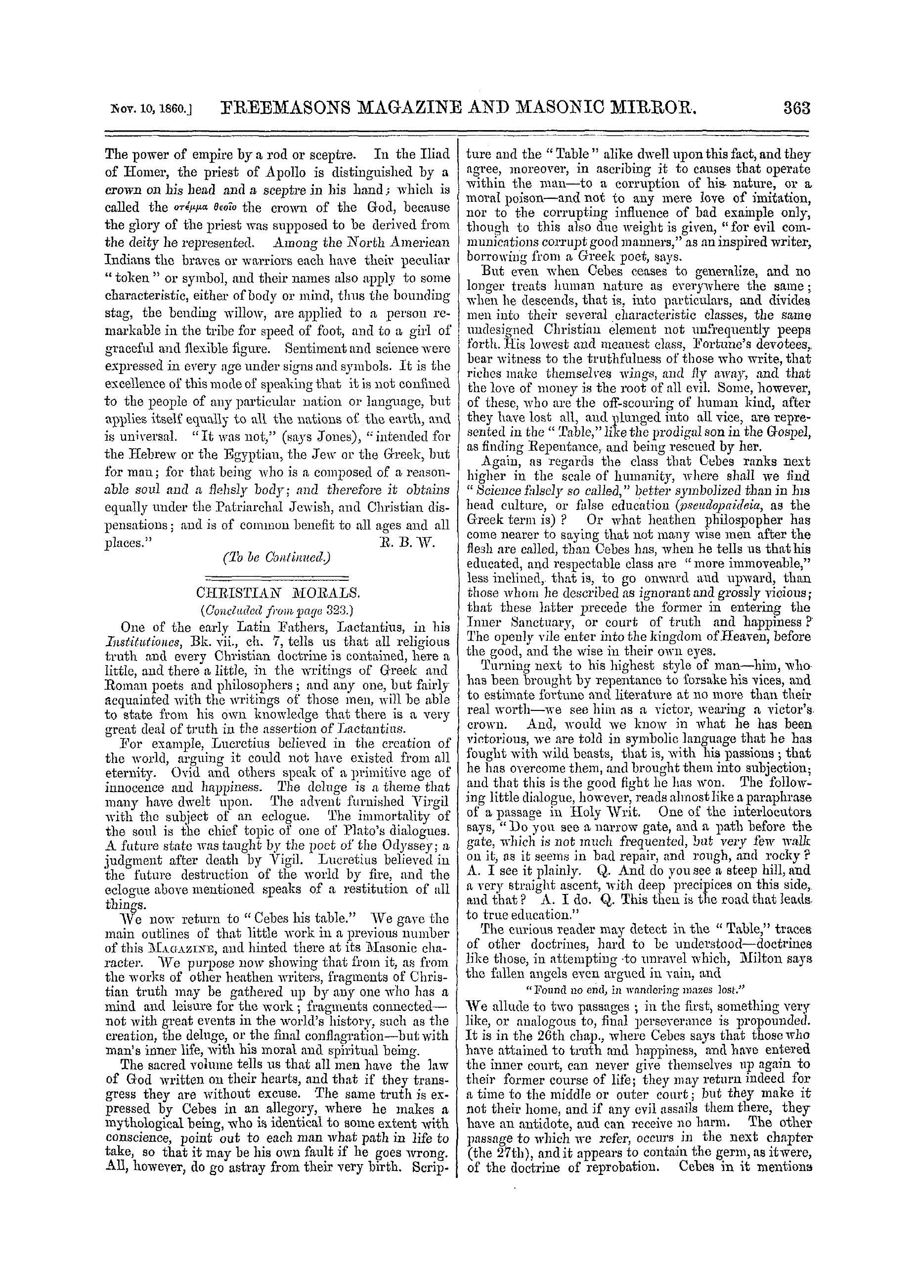 The Freemasons' Monthly Magazine: 1860-11-10 - Christian Morals.