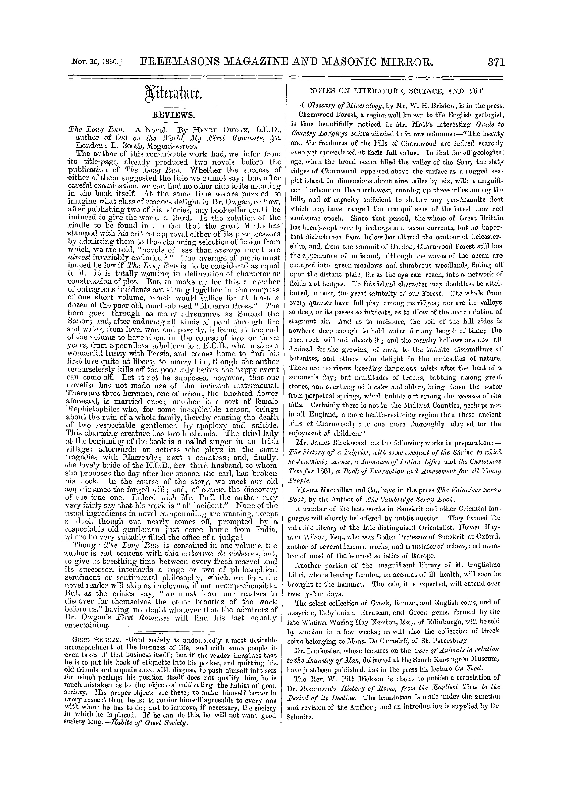 The Freemasons' Monthly Magazine: 1860-11-10 - Literature.