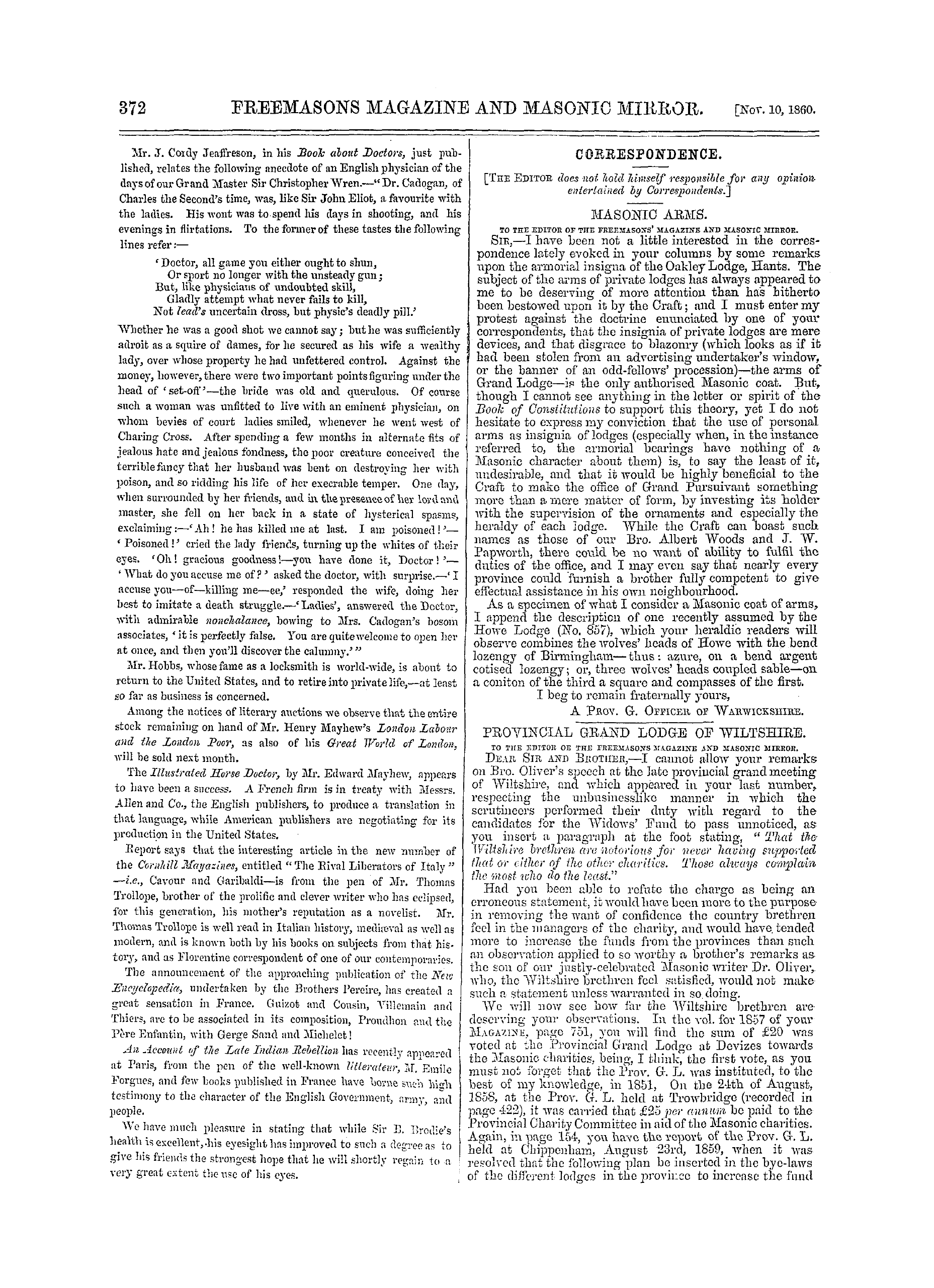 The Freemasons' Monthly Magazine: 1860-11-10 - Correspondence.