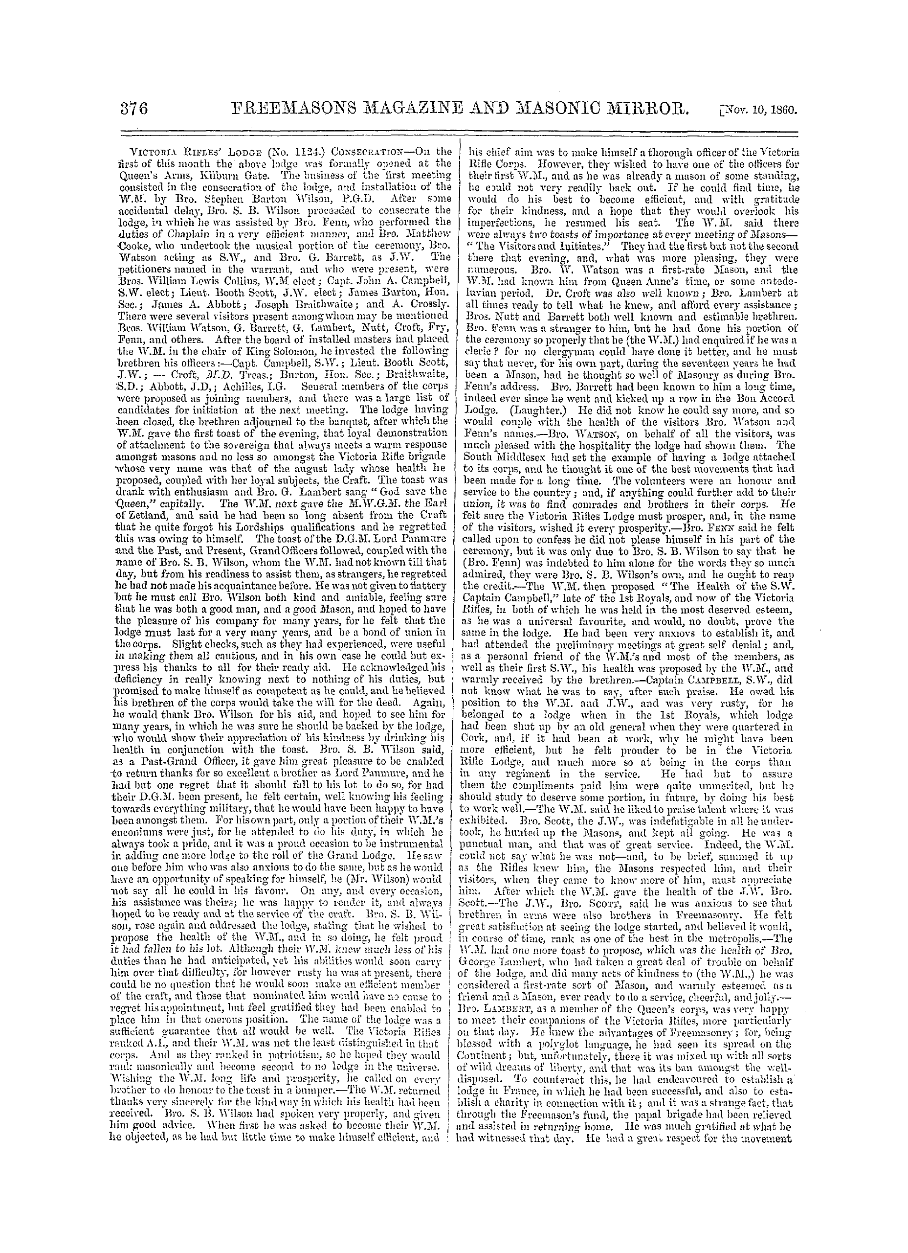 The Freemasons' Monthly Magazine: 1860-11-10 - Metropolitan.