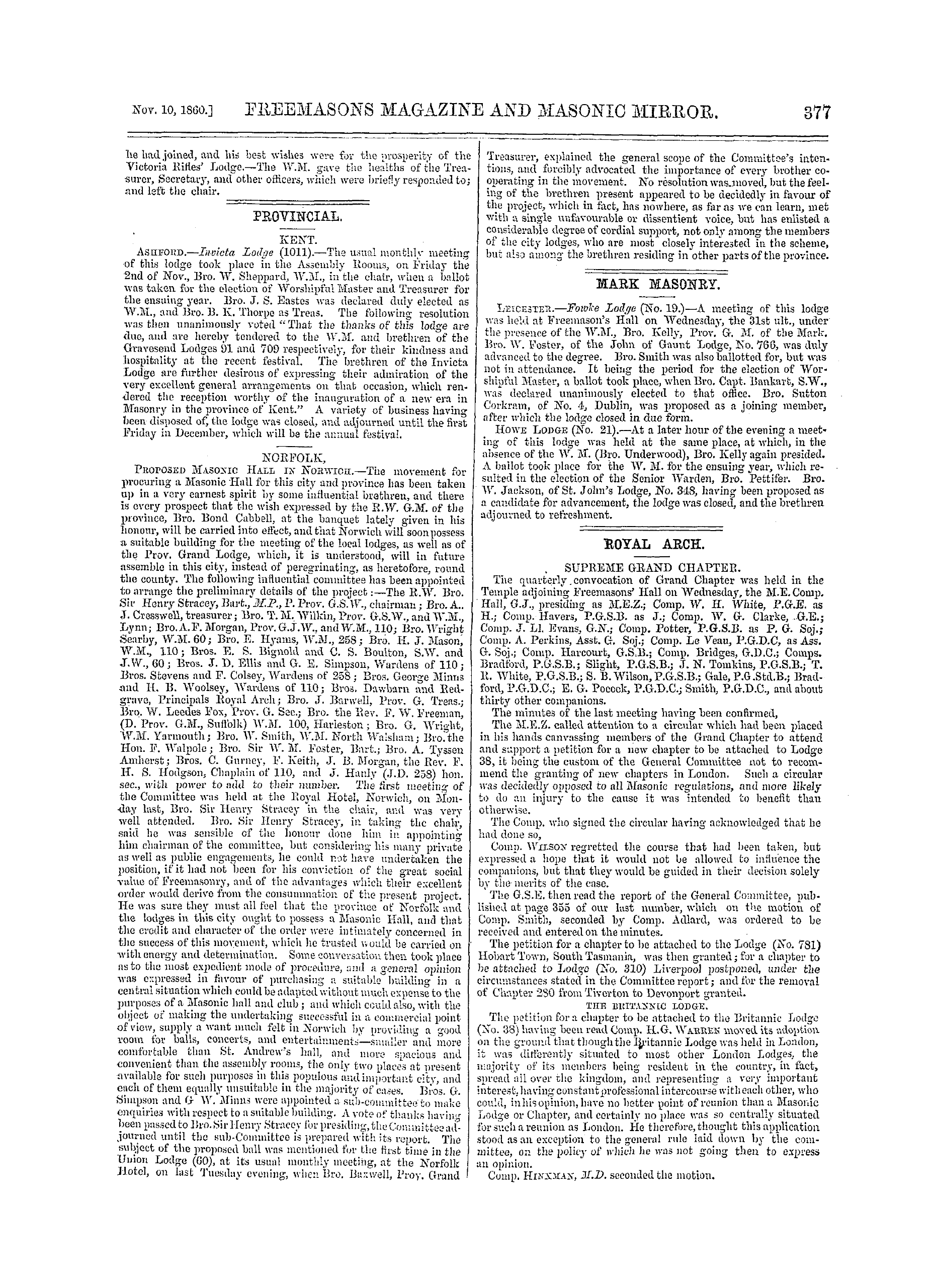 The Freemasons' Monthly Magazine: 1860-11-10 - Provincial.
